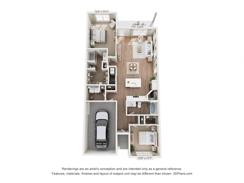 Floor plan for 2 beds, 2 baths, 1366 sqft